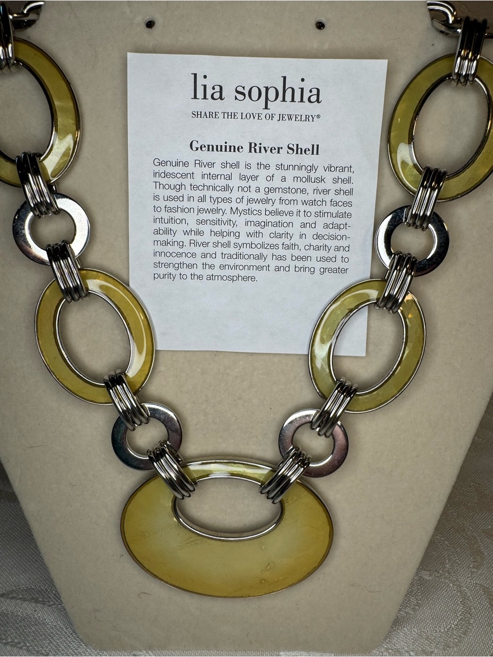 NWT Lia Sophia Olive-Yellow River Shell Link Necklace